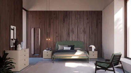 Camera completa di letto imbottito modello Gaia ed elementi notte  con top in vetro serigrafato
