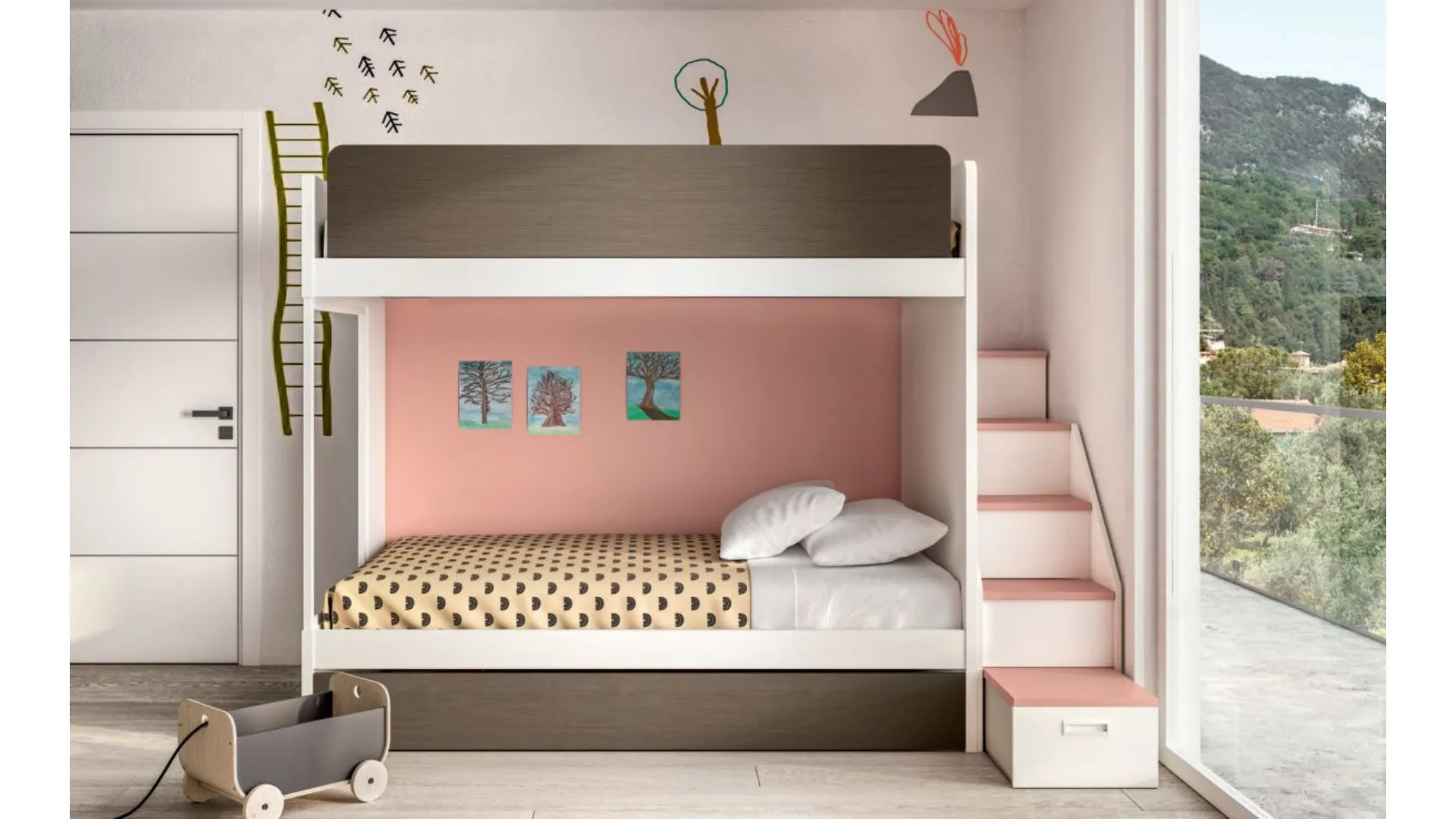 Cameretta per bambini moderna con letto a castello e contenitori integrati alla scaletta