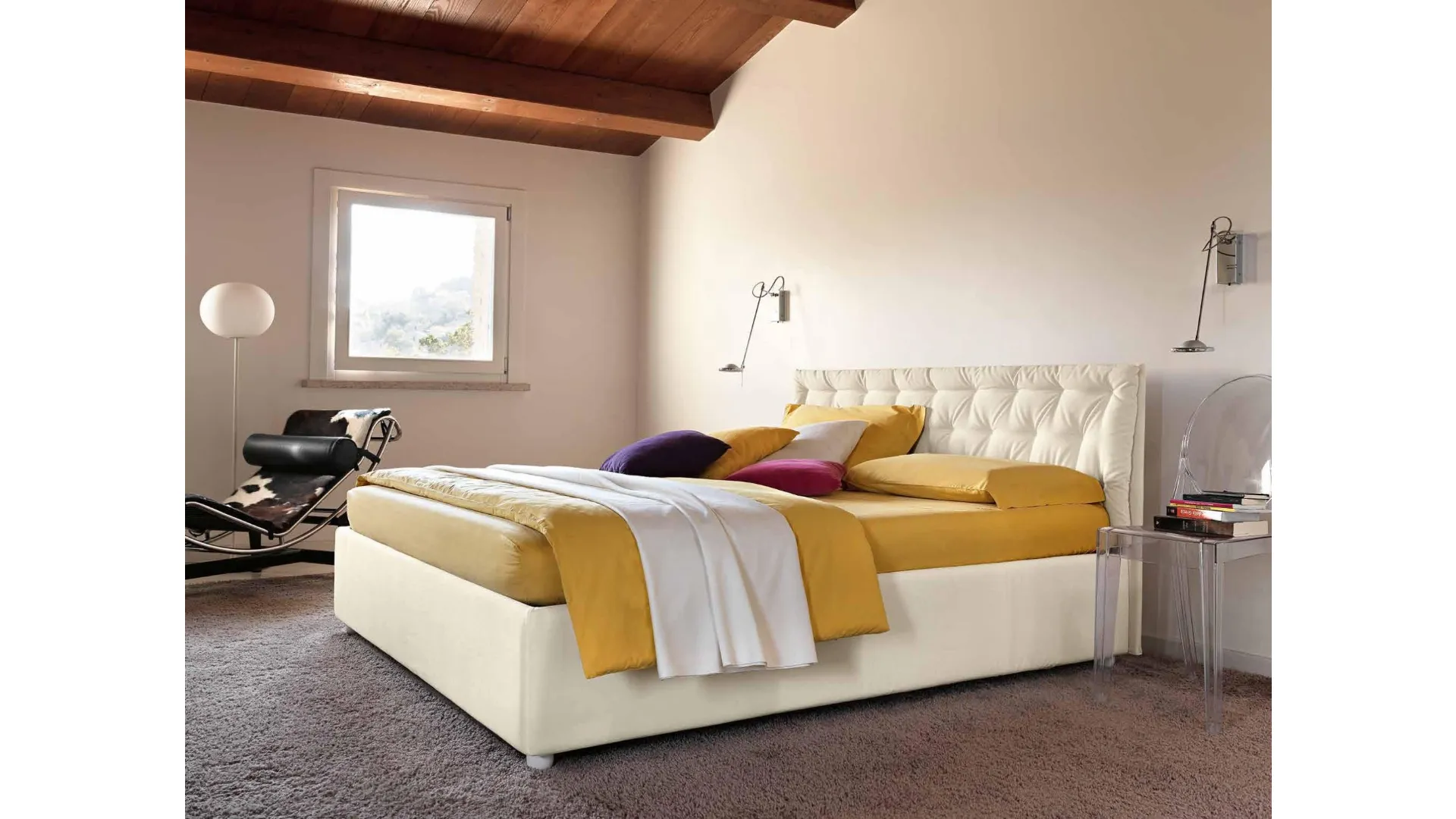 Letto matrimoniale imbottito con cuscino trapuntato Smart  con box contenitore