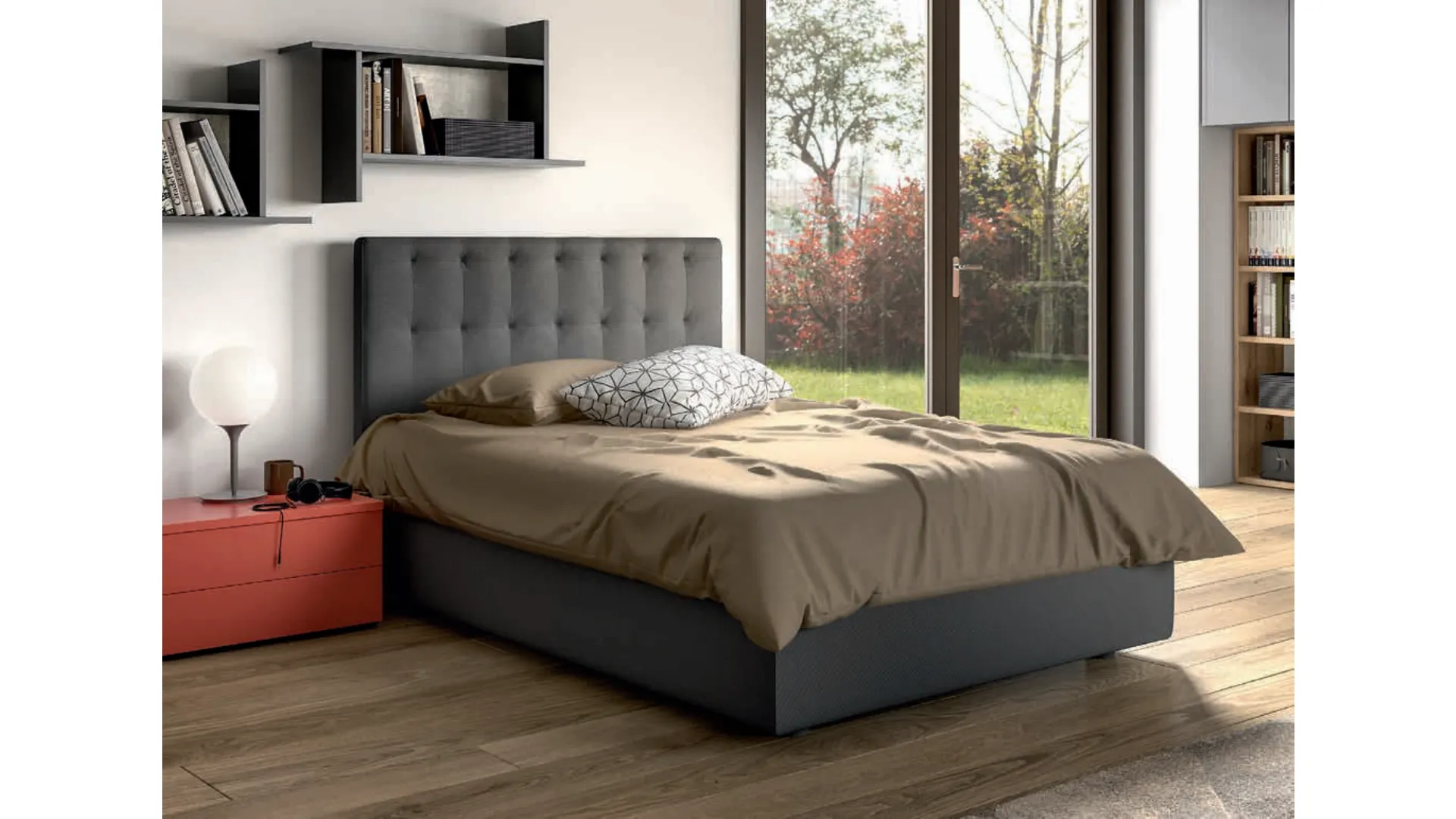 Letto piazza e mezza imbottito con box contenitore 120x195