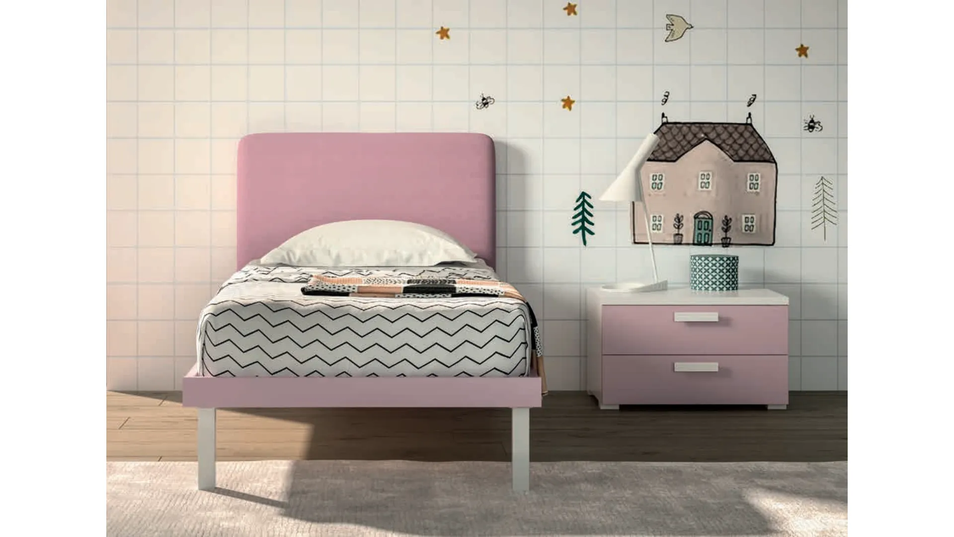 Letto singolo con testiera imbottita sfoderabile, personalizzazione delle finiture 80x195