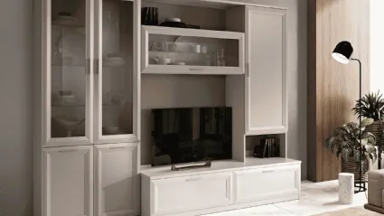 Mobile soggiorno moderno, spazioso ed elegante, in finitura canapa/bianco frassino 270x215