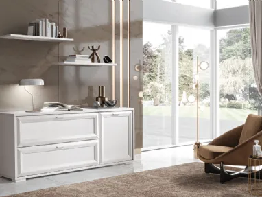 Mobile living completa di spaziosa madia elegante e mensole in finitura canapa e bianco frassino