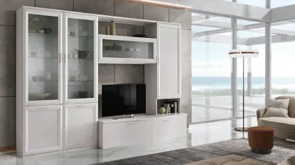 Mobile living modero di design con vetrinetta, mensole interne in vetro, pensili e porta tv