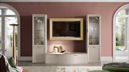 Mobile soggiorno moderno con cornice porta tv centrale, vetrine laterali e cassettiera alla base